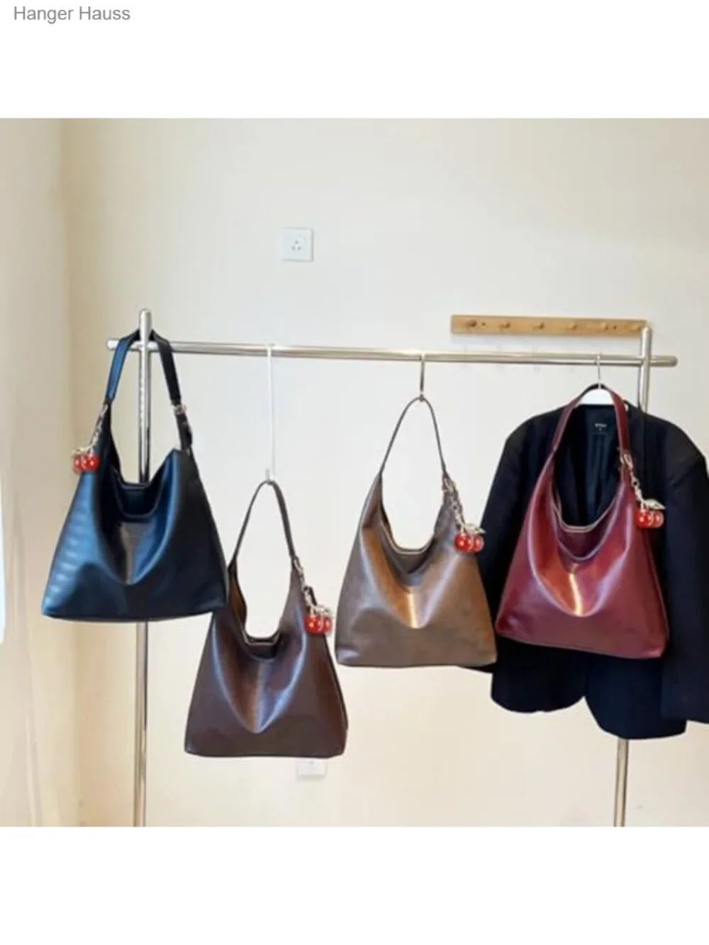 Vegan Hobo Bag Cherry Leather Shoulder Purse Slouchy Designer Crossbody Bag for